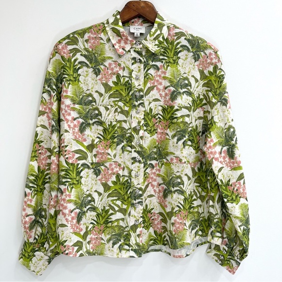 CAMI NYC Belkis Top in Tropics Print 100% Linen Green Pink Diamond Buttons XS - Picture 3 of 11